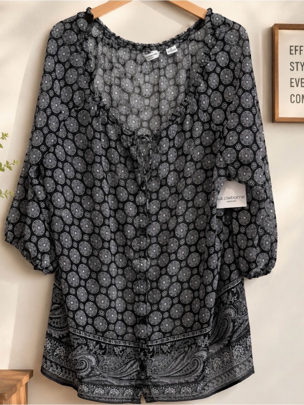 Liz Claiborne Black & White Printed Peasant Tunic-2X-Sheer